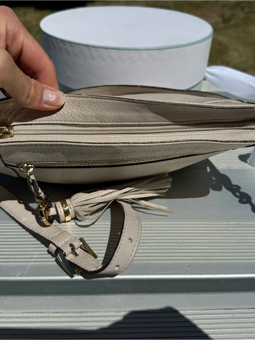 Michael Kors Pebbled Leather Crossbody in Light Taupe with Gold Hardware